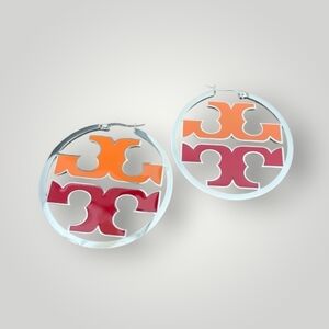 Tory Burch Silver and Multicolor Logo Hoop Earrings